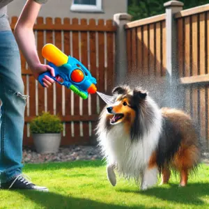 Ein Shetland Sheepdog wird mit einer Wasserpistole angespritzt – eine umstrittene Methode, um Hunden das Bellen abzugewöhnen