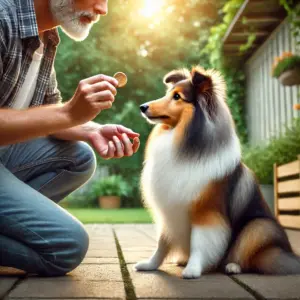 Ein Shetland Sheepdog sitzt aufmerksam vor einem Mann, der ihm ein Leckerli zur Belohnung zeigt – symbolisch für das Training zur Bellreduzierung beim Hund
