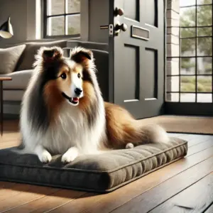 Ein Sheltie Hund liegt ruhig auf seinem Platz im Flur nachdem dem hund das bellen an der klingel abgewöhnt worden ist