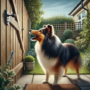 Der Sheltie steht bellend vor einem Holzzaun im Garten – symbolisch für das Thema Hund das Bellen im Garten abgewöhnen