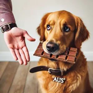 Ein Golden Retriever hält einen gefährlichen Gegenstand im Maul, Schokolade und lässt ihn auf das Kommando 'Aus' seines Besitzers sofort fallen