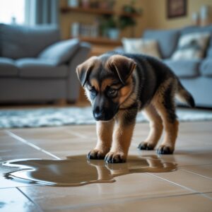 Ein kleiner Schäferhund Welpe macht in der Wohnung Pipi