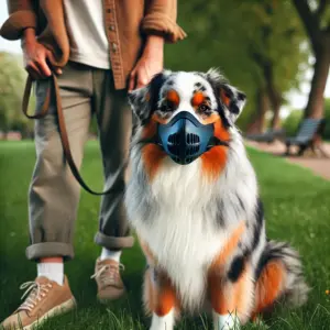Ein Australian Shepherd Hund trägt einen Maulkorb für die Sozialisierung, da er schlechte Erfahrung mit Hunden gemacht hat.