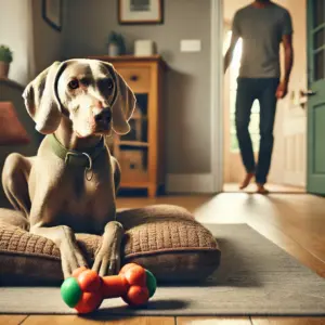 Seinen Hund trainieren allein zu bleiben erfordert Disziplin und Durchhaltevermögen. Der Weimaraner sitzt auf seiner Decke und hat vor sich sein Lieblingsspielzeug zur Ablenkung und Beruhigung