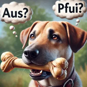 ein Labrador mit einem Knochen im Maul. Über seinem Kopf befindet sich eine Gedankenblase mit einem Fragezeichen sowie den Worten „Aus“ und „Pfui“, die seine Verwirrung bei uneindeutigen Kommandos darstellen