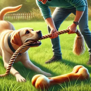 Der Hundebesitzer spielt mit seinem Hund ein Zerrspiel auf einer Wiese. Der Hund, Zergel im Maul, während das Herrchen schon ein Knochen für das Tauschgeschäft bereitgelegt hat
