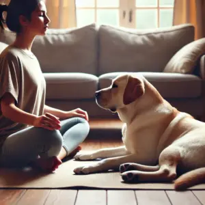 Frauchen und Labrador machen zusammen Atemübungen als weitere Methode im Entspannungstraining bei Hunden