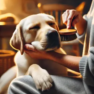 Frauchen und ihr Labrador nutzen die Bürsten und Streicheln Methode beim Entspannungstraining für Hunde