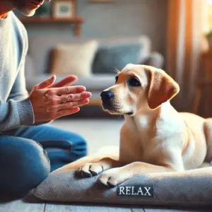 Labrador Hund sitzt im Körbchen und lernt das Entspannungswort als erste Übung beim Entspannungstraining 