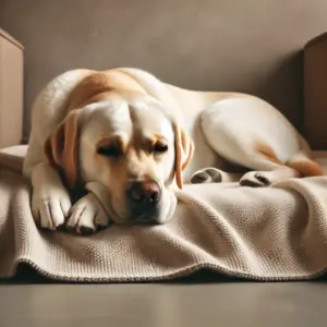 Der Labrador liegt entspannt auf seiner Decke und führt eine weitere Übung beim Entspannungstraining durch. Die sog. Ruhe-Decke-Methode