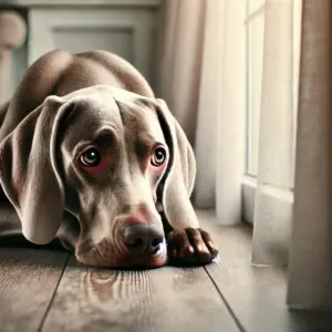 Verlustängste bei Hunden: Weimaraner liegt traurig am Boden und wartet auf seinen Besitzer
