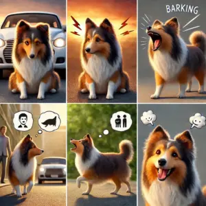 Shetland Sheepdogs der verschiedene Gründe für das Bellen zeigt – darunter Alarmbereitschaft, Stress durch Geräusche, territoriales Verhalten und soziale Auslöser – dargestellt in sechs Szenen mit Symbolen wie Gedankenblasen, Lautzeichen und Menschen.