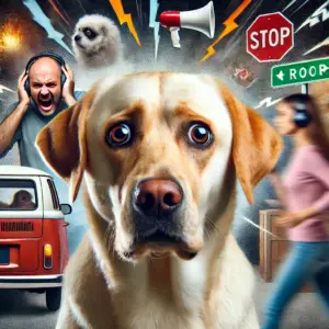 Der Labrador Hund auf dem Bild ist vielen Stressfaktoren ausgesetzt. Diese Können Straßenlärm, andere Hunde oder ungewohnte Orte sein