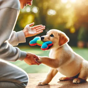 Ein junger Labrador- Welpe mit einem Spielknochen im Maul sitzt aufmerksam vor seinem Besitzer und beobachtet ihn, während er das Kommando Aus gibt