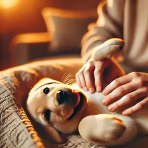 Ein fröhlicher und entspannter Labrador Welpe der vorher nicht zur Ruhe kam, liegt in seinem Körbchen auf dem Rücken und wird von seiner Besitzerin am Bauch gestreichelt