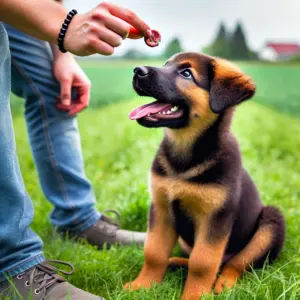 Um den Welpen stubenrein zu bekommen, erhält der Hund vom Besitzer zur positiven Verstärkung ein Leckerli