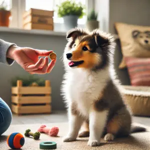 Welpen das Bellen abgewöhnen: Shetland Sheepdog Welpe wird mit Leckerli belohnt, um ruhiges Verhalten im frühen Training zu fördern