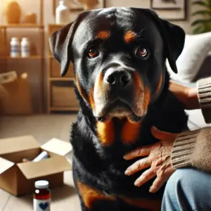 Der ältere Rottweiler hat eine Wesensveränderung durchgemacht weil er mit seinem Besitzer umgezogen ist und viel Stress erlebt hat