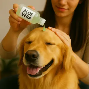 Golden Retriever erhält eine sanfte Pflege mit Aloe Vera Gel gegen trockene und gereizte Hundehaut