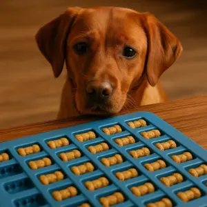 Backmatte Rezepte für Hundeleckerlis: Foxred Labrador-Hündin schaut neugierig auf frisch gebackene Lachsöl-Snacks in Silikonform