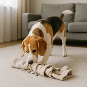 Beagle sucht konzentriert nach versteckten Leckerlis in einem zusammengerollten Handtuch bei einem Nasenarbeits-Spiel