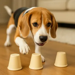 Beagle spielt das Hütchenspiel als Denkspiel für Hunde und versucht ein verstecktes Leckerli zu finden