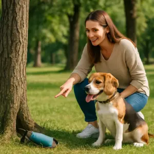 Beagle sitzt aufmerksam neben seiner Halterin, die beim Spaziergang auf einen versteckten Dummy am Baum zeigt
