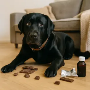 Schwarzer Labrador liegt vor Schokoladenstücken und Medikamentenflasche – typische Szene für Vergiftungsgefahr beim Hund und Erste-Hilfe-Maßnahmen im Ernstfall