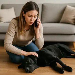 Frau telefoniert besorgt neben bewusstlosem Labrador – richtiges Verhalten im Notfall bei einem medizinischen Ernstfall beim Hund
