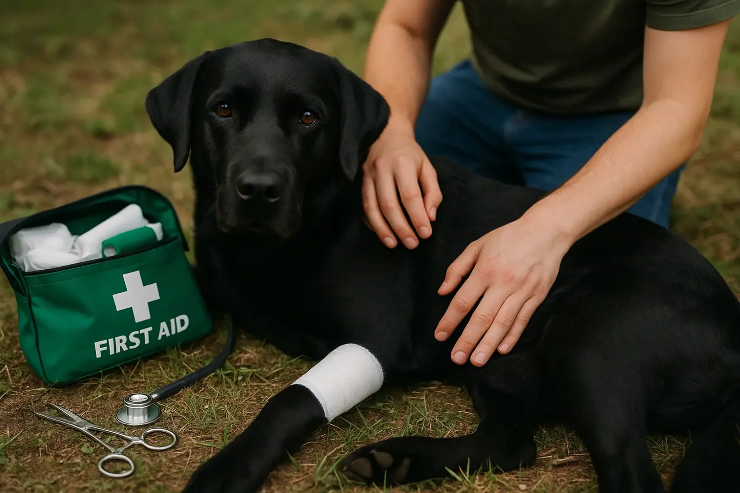 Schwarzer Labrador mit Verband an der Pfote neben Erste-Hilfe-Set – symbolisch für Erste Hilfe beim Hund in einer Notfallsituation im Freien