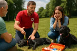 Erste-Hilfe-Kurs für Hunde im Freien: Ausbilder demonstriert Wiederbelebung an bewusstlosem Labrador, umgeben von Teilnehmern mit Notfallset