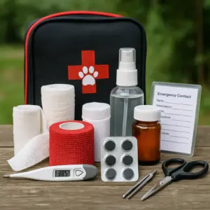 Erste-Hilfe-Set für Hunde mit Verbandsmaterial, Thermometer, Tabletten, Desinfektionsspray und Notfallkarte – ideal für die Erstversorgung im Notfall