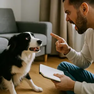 Mann schimpft mit Border Collie, der ängstlich schaut – häufige Fehler beim Umgang mit winselnden Hunden