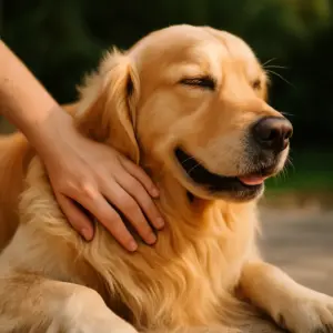 Glücklicher Golden Retriever wird liebevoll gestreichelt – Symbol für die Bedeutung regelmäßiger Fellpflege beim Hund