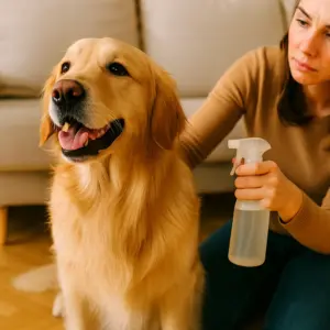 Golden Retriever wird liebevoll mit einem natürlichen Lavendel-Fellspray gepflegt, um Haut und Fell sanft zu unterstützen