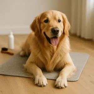 Golden Retriever liegt entspannt auf einer rutschfesten Unterlage bereit für die Fellpflege