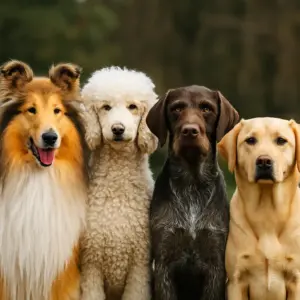 Verschiedene Hunderassen mit unterschiedlichen Felltypen – Collie, Pudel, Drahthaar und Labrador – zeigen die Vielfalt der Pflegebedürfnisse beim Hund