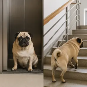 Zweiteiliges Bild zeigt übergewichtigen Mops im Aufzug und beim Treppensteigen – Fettleibigkeit beim Hund durch mehr Bewegung reduzieren