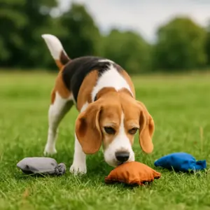 Beagle schnüffelt im Gras an verschiedenen Dummys, um gezielt einen bestimmten Geruch zu erkennen
