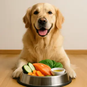 Golden Retriever sitzt vor einem Napf mit gesunder Nahrung wie Lachs, Gemüse und Öl, die das Fellwachstum und die Hautgesundheit unterstützen