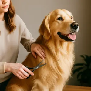 Golden Retriever wird von einer Frau mit einer Schere gepflegt, um das Fell gesund und glänzend zu halten