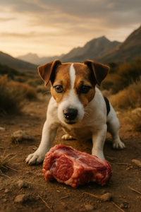 Ein Jack Russell Terrier steht schützend über einem Stück rohem Fleisch in einer natürlichen Umgebung – typisches Ausdrucksverhalten bei Ressourcenverteidigung
