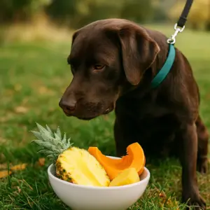 Brauner Labrador an der Leine schnuppert an einer Schüssel mit Hausmitteln gegen Kotfressen – Ananas, Kürbis und Papaya auf einer Wiese