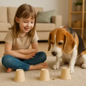 Beagle und kleines Mädchen spielen gemeinsam das Hütchenspiel im Wohnzimmer als kreative Hundebeschäftigung