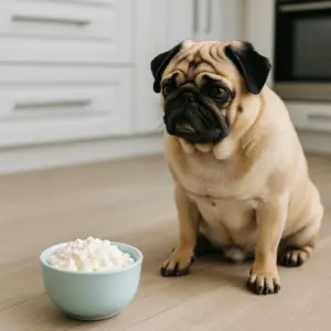 Mops sitzt vor einem Napf mit Hüttenkäse – Hund abnehmen mit Hüttenkäse als Diätunterstützung
