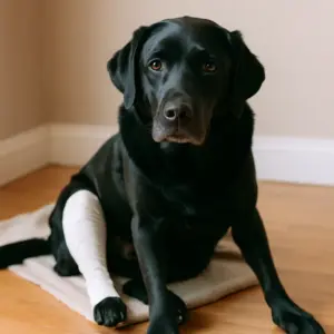 Schwarzer Labrador mit Verband an der rechten Hinterpfote sitzt ruhig auf einer Decke – Erste Hilfe beim Hund bei Knochenbruch oder Wirbelsäulenverletzung