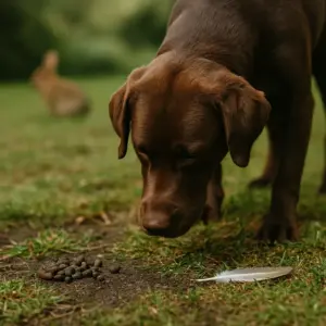 Hund frisst Hasenkot und Vogelkot auf einer Waldlichtung