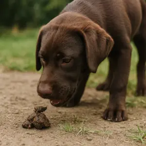 Der Labrador schnüffelt intensiv und frisst Hundekot auf einem Feldweg