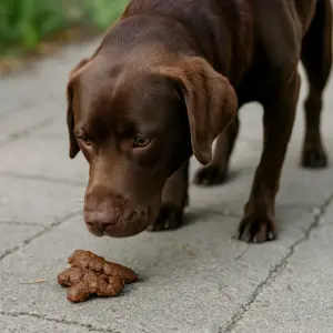 Labrador Hund in der Farbe Braun frisst Menschenkot 
