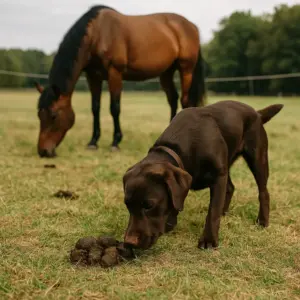Hund frisst Pferdeäpfel auf der Wiese 